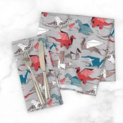 Small scale // Origami dragon friends // linen texture background blue red grey and taupe fantastic creatures