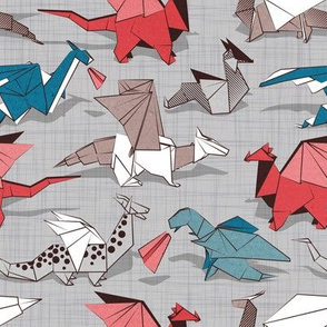 Small scale // Origami dragon friends // linen texture background blue red grey and taupe fantastic creatures