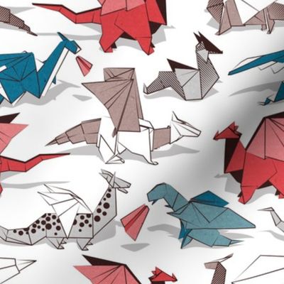 Small scale // Origami dragon friends // white background blue red grey and taupe fantastic creatures