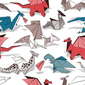 Small scale // Origami dragon friends // white background blue red grey and taupe fantastic creatures