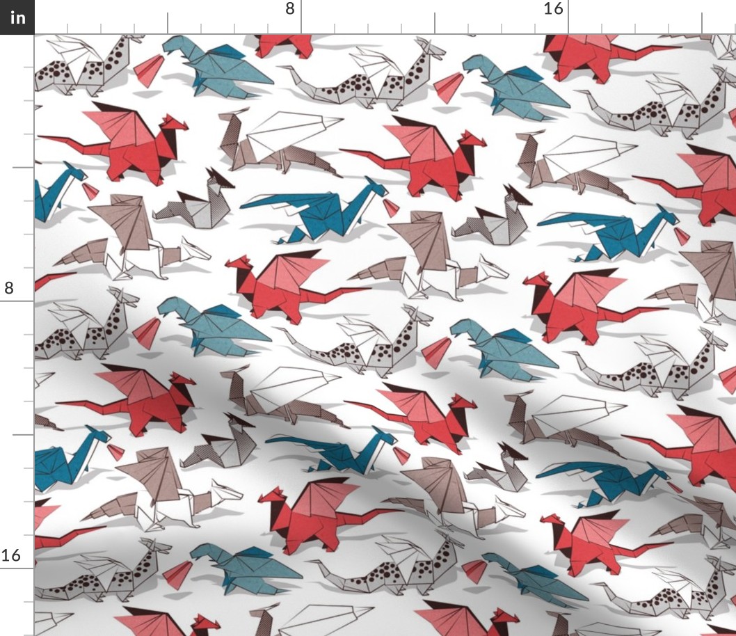 Small scale // Origami dragon friends // white background blue red grey and taupe fantastic creatures