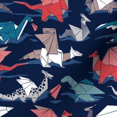 Small scale // Origami dragon friends // oxford navy blue background blue red grey and taupe fantastic creatures