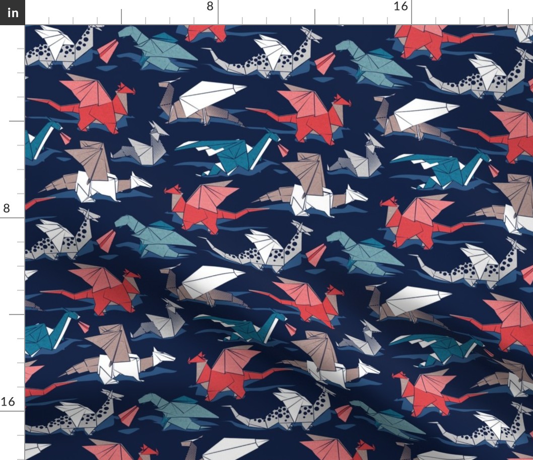 Small scale // Origami dragon friends // oxford navy blue background blue red grey and taupe fantastic creatures