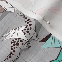 Small scale // Origami dragon friends // grey linen texture background aqua red grey and taupe fantastic creatures