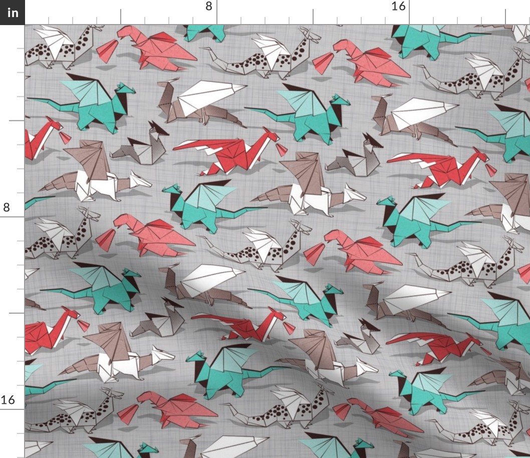 Small scale // Origami dragon friends // grey linen texture background aqua red grey and taupe fantastic creatures