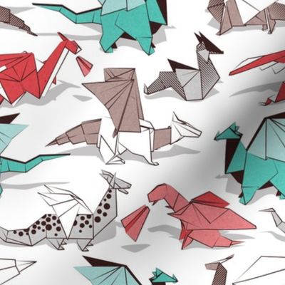 Small scale // Origami dragon friends // white background aqua red grey and taupe fantastic creatures