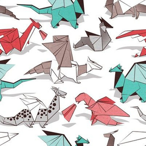 Small scale // Origami dragon friends // white background aqua red grey and taupe fantastic creatures