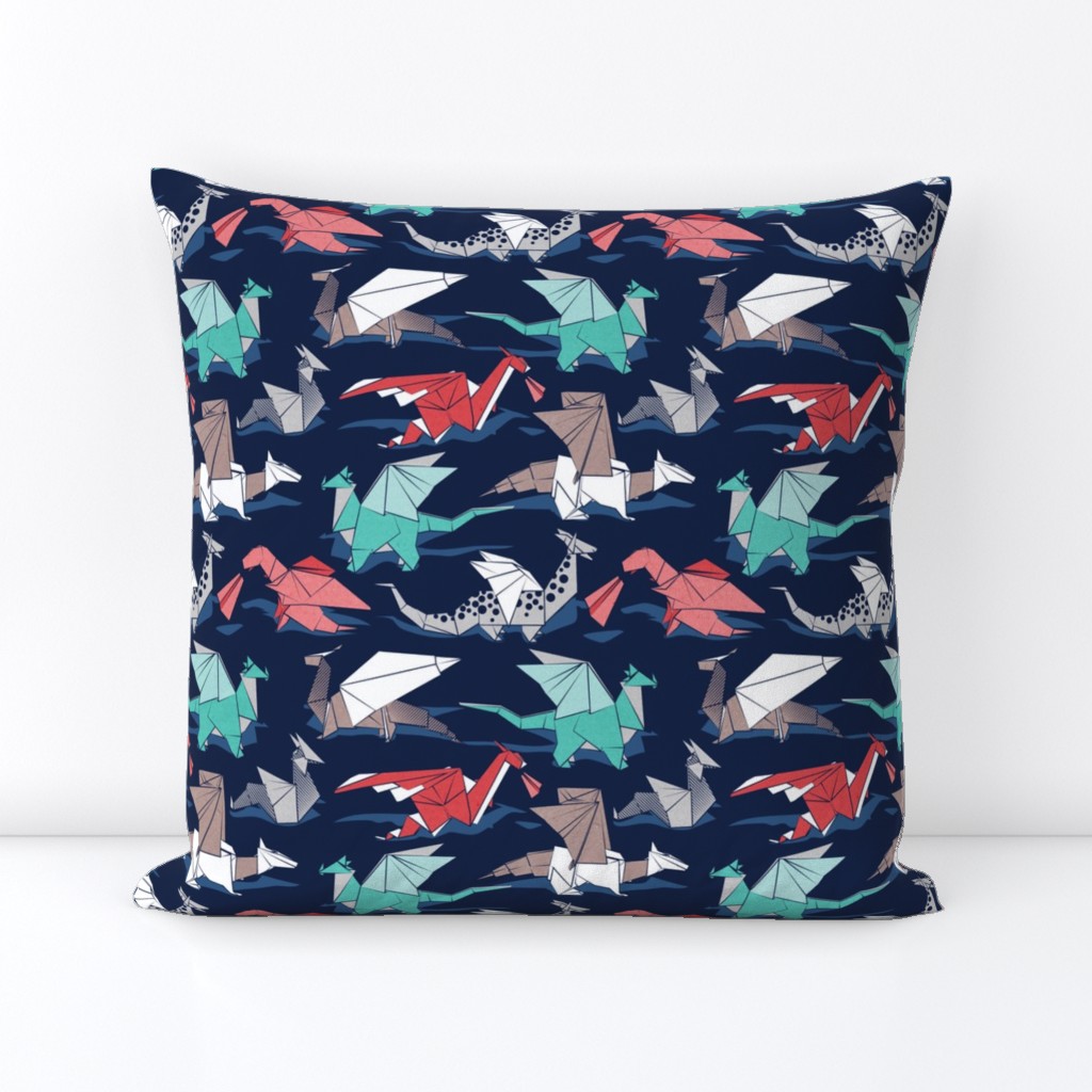 Small scale // Origami dragon friends // oxford navy blue background aqua red grey and taupe fantastic creatures