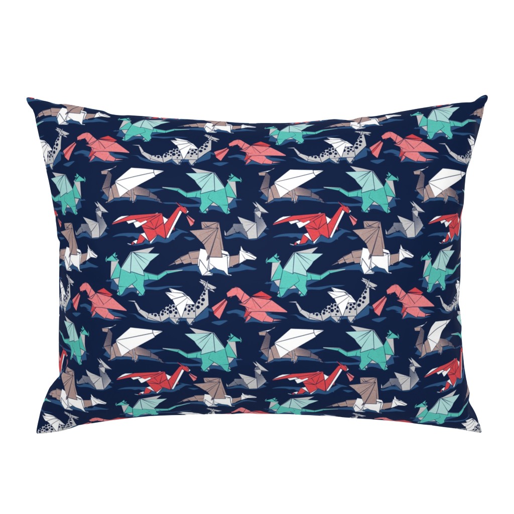 Small scale // Origami dragon friends // oxford navy blue background aqua red grey and taupe fantastic creatures