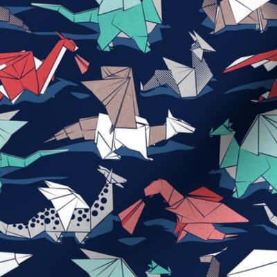 Small scale // Origami dragon friends // oxford navy blue background aqua red grey and taupe fantastic creatures