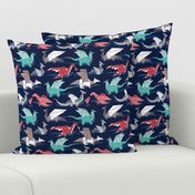 Small scale // Origami dragon friends // oxford navy blue background aqua red grey and taupe fantastic creatures