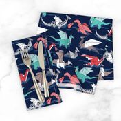 Small scale // Origami dragon friends // oxford navy blue background aqua red grey and taupe fantastic creatures