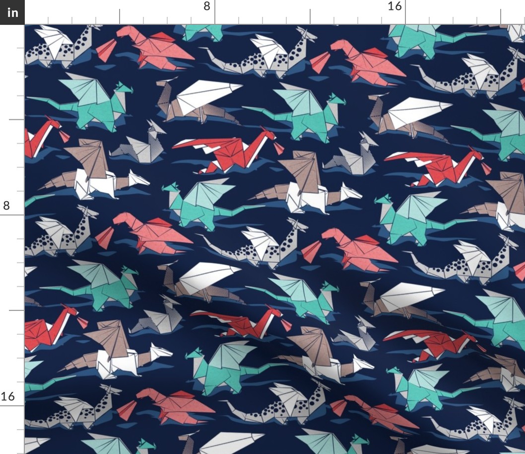 Small scale // Origami dragon friends // oxford navy blue background aqua red grey and taupe fantastic creatures