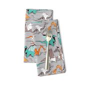 Small scale // Origami dragon friends // grey linen texture background aqua orange grey and taupe fantastic creatures