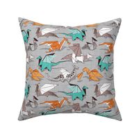 Small scale // Origami dragon friends // grey linen texture background aqua orange grey and taupe fantastic creatures