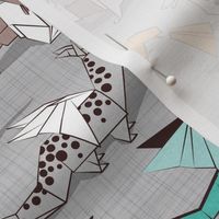 Small scale // Origami dragon friends // grey linen texture background aqua orange grey and taupe fantastic creatures