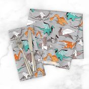 Small scale // Origami dragon friends // grey linen texture background aqua orange grey and taupe fantastic creatures