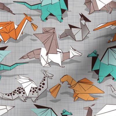 Small scale // Origami dragon friends // grey linen texture background aqua orange grey and taupe fantastic creatures