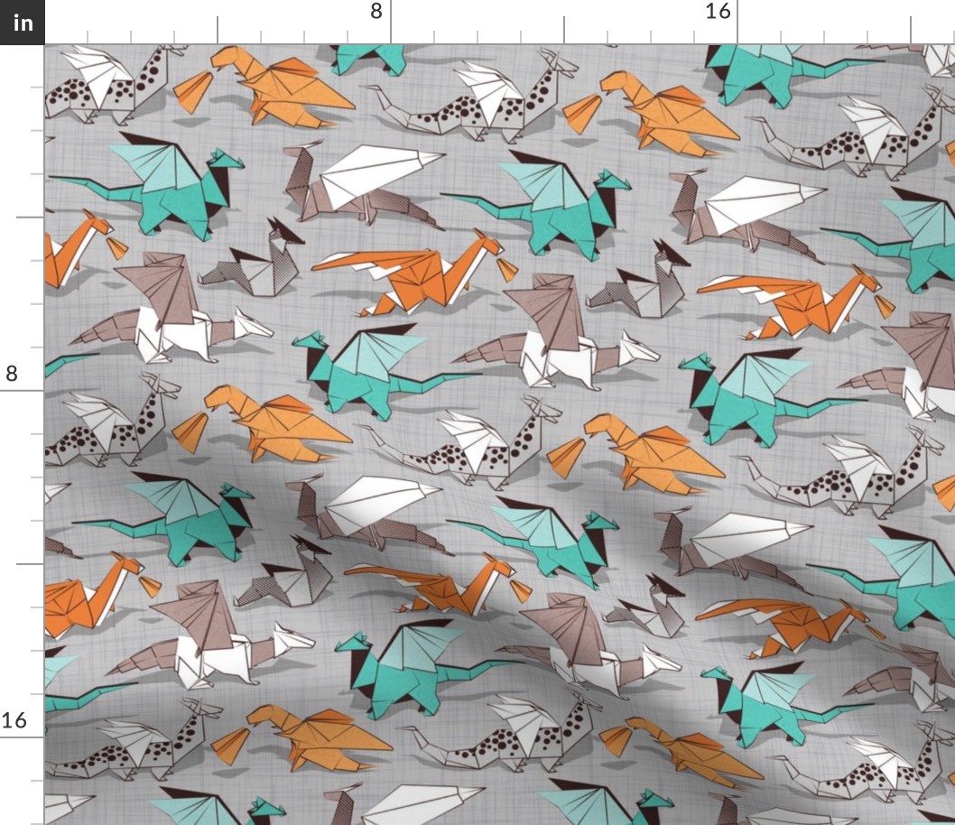 Small scale // Origami dragon friends // grey linen texture background aqua orange grey and taupe fantastic creatures