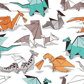 Small scale // Origami dragon friends // white background aqua orange grey and taupe fantastic creatures