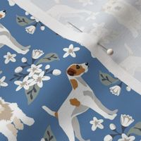 Jack Russel Terrier Dogs Blue Denim and small white flowers dog floral fabric small print