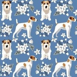 Jack Russel Terrier Dogs Blue Denim and small white flowers dog floral fabric small print