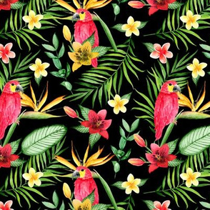 Tropical birds and flowers. Black pattern