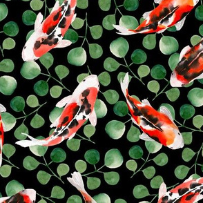 Koi fish. Watercolor green pattern