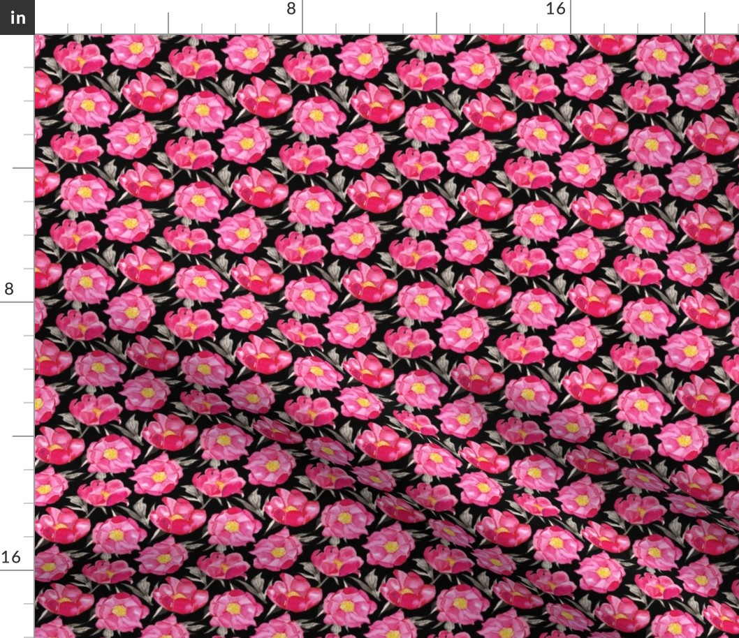 19-09g Hot Pink Peony Floral Black Yellow Gray Watercolor Small