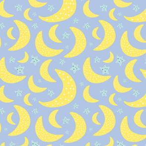 Yellow moons, teal stars and blue sky 
