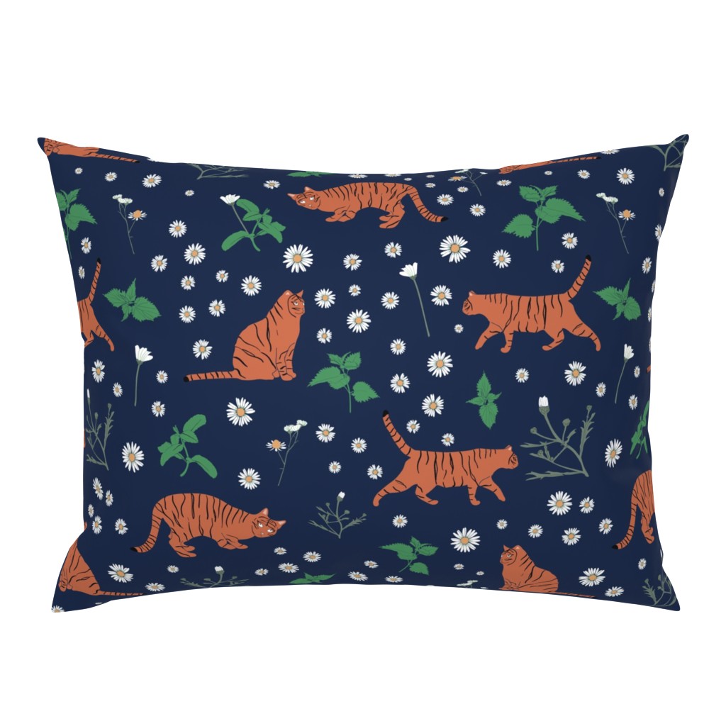 Whimsical Blue Orange Green Digital Tiger Cats Daisy Mint pattern