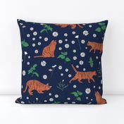 Whimsical Blue Orange Green Digital Tiger Cats Daisy Mint pattern