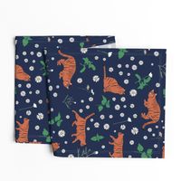 Whimsical Blue Orange Green Digital Tiger Cats Daisy Mint pattern