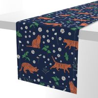 Whimsical Blue Orange Green Digital Tiger Cats Daisy Mint pattern