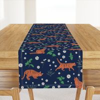 Whimsical Blue Orange Green Digital Tiger Cats Daisy Mint pattern