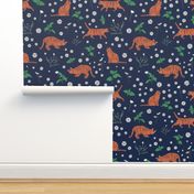 Whimsical Blue Orange Green Digital Tiger Cats Daisy Mint pattern