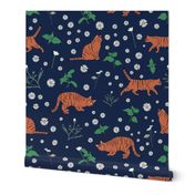 Whimsical Blue Orange Green Digital Tiger Cats Daisy Mint pattern