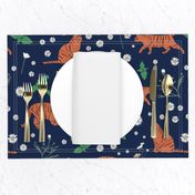 Whimsical Blue Orange Green Digital Tiger Cats Daisy Mint pattern