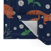 Whimsical Blue Orange Green Digital Tiger Cats Daisy Mint pattern