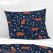 Whimsical Blue Orange Green Digital Tiger Cats Daisy Mint pattern