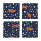 Whimsical Blue Orange Green Digital Tiger Cats Daisy Mint pattern