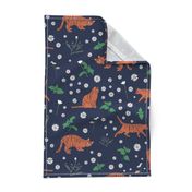 Whimsical Blue Orange Green Digital Tiger Cats Daisy Mint pattern