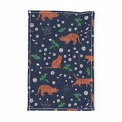 Whimsical Blue Orange Green Digital Tiger Cats Daisy Mint pattern