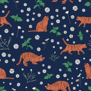 Whimsical Blue Orange Green Digital Tiger Cats Daisy Mint pattern