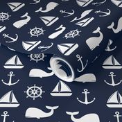 (small scale) nautical on navy - whale, sailboat, anchor,  wheel LAD19BS