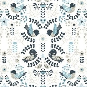 Scandinavian Floral Birds - Blue Gray