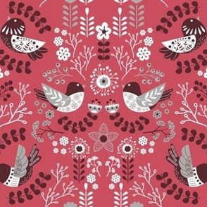 Scandinavian Floral Birds - Hot Pink