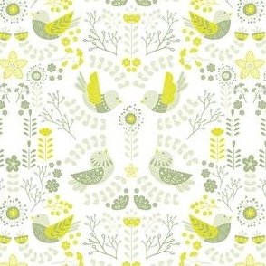Scandinavian Floral Birds - Lemon Green