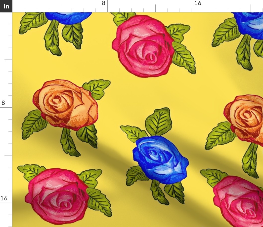 Sara Mia / Multicolored (orange, blue pink)Roses on Yellow   