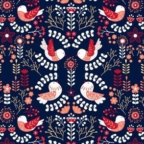 Scandinavian Floral Birds - Navy Blue Coral